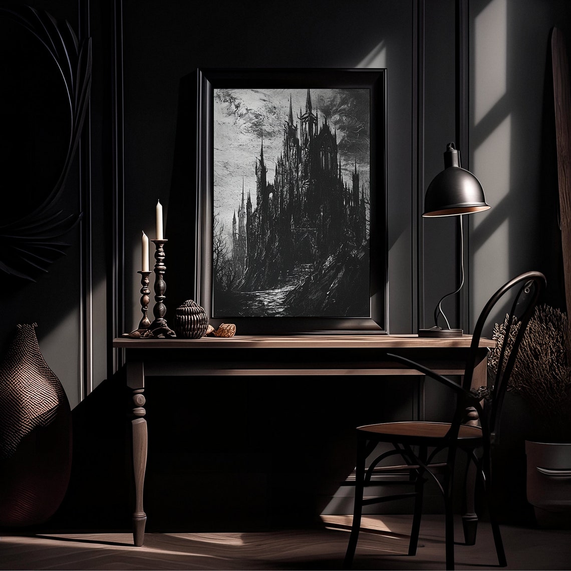 Gothic Castle Ink Painting Dark Monochrome Cathedral Wall Art - Image 3