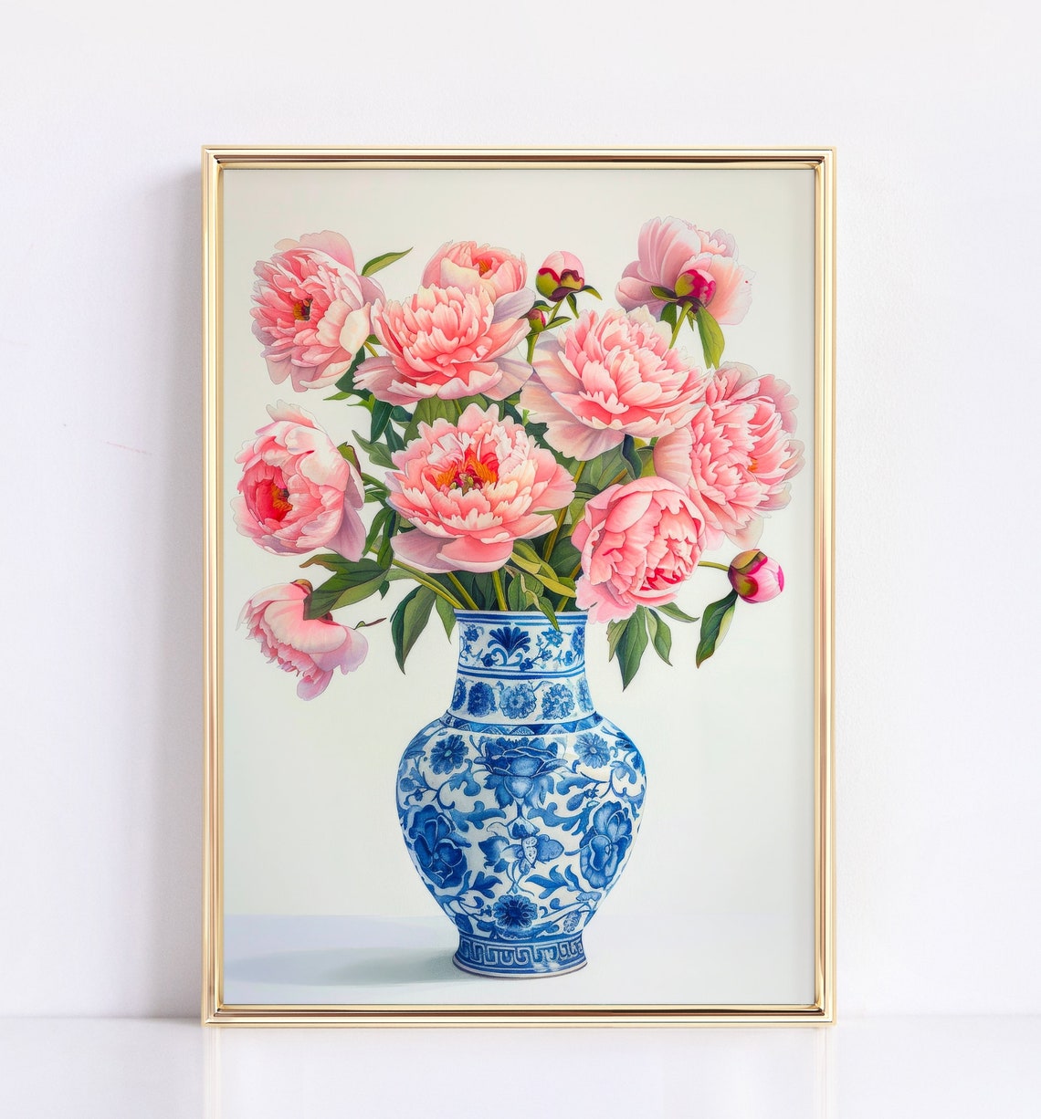 Pink Peonies in Blue White Chinoiserie Vase Botanical Poster
