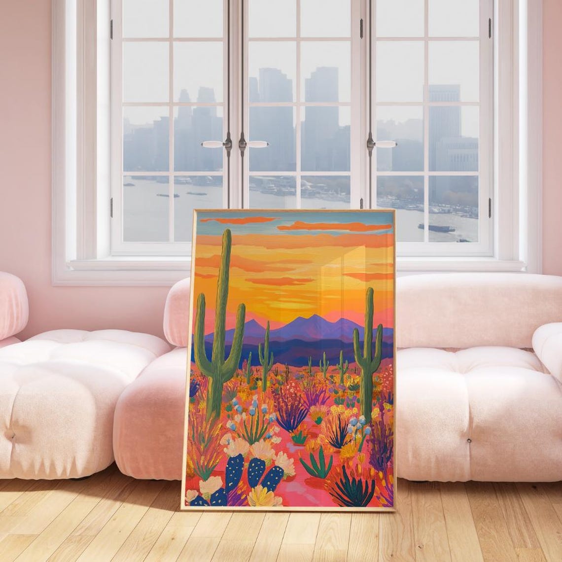 Desert Sunset Saguaro Cactus Wildflower Bloom Western Art Poster - Image 3