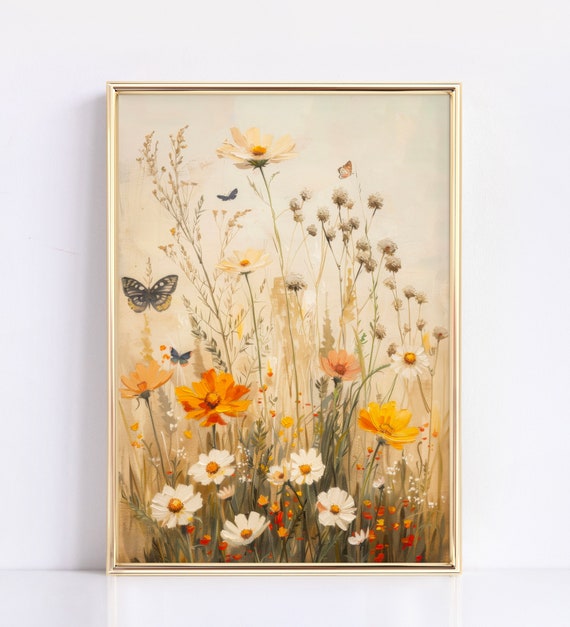 Moody Wildflower Field Landscape Print Vintage Spring Painting Neutral Farmhouse Wall Art Rustic Springtime Or Summer Artwork
