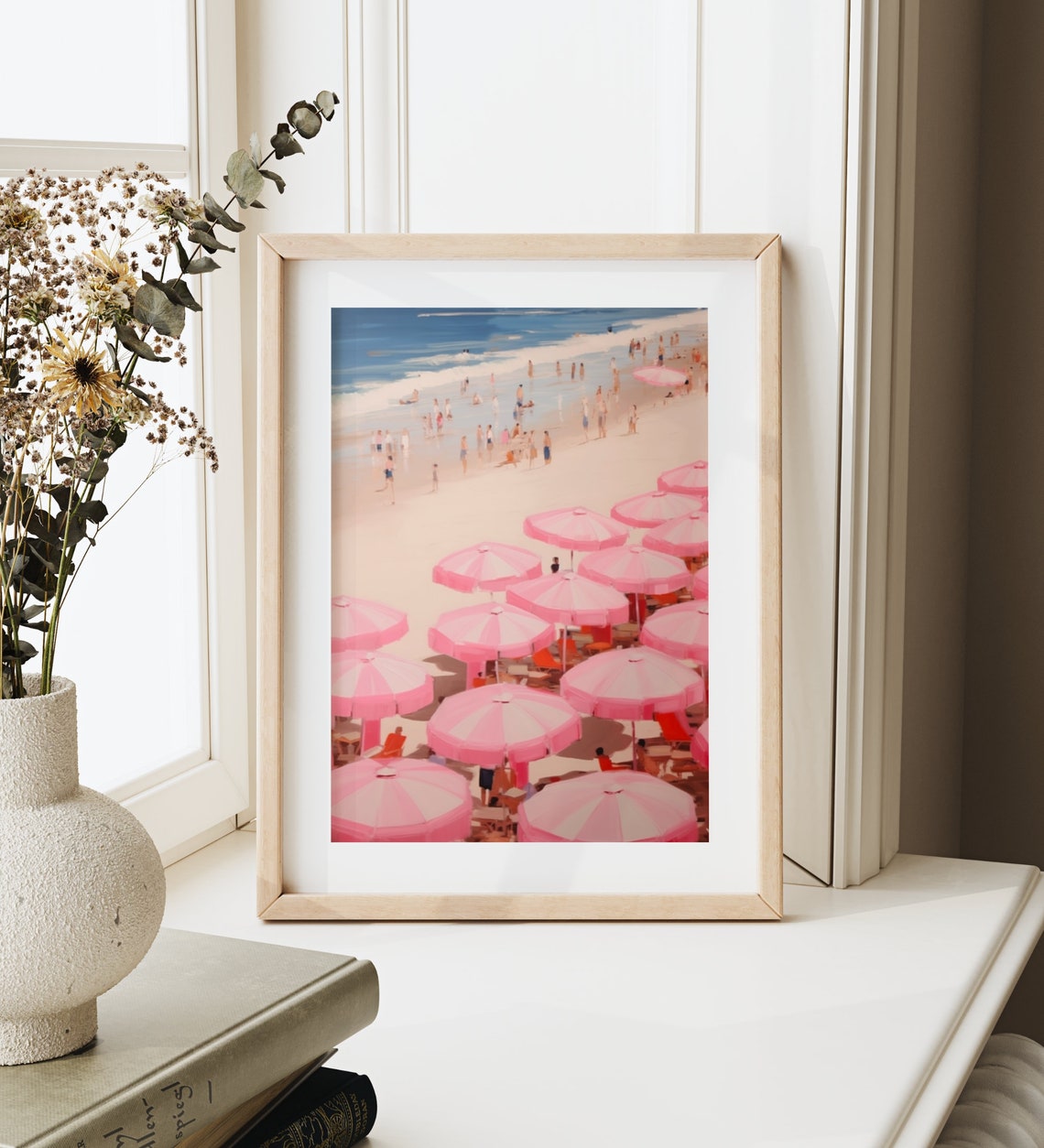 Pink Beach Umbrellas Summer Seaside Parasols Ocean Scene Poster - Image 3