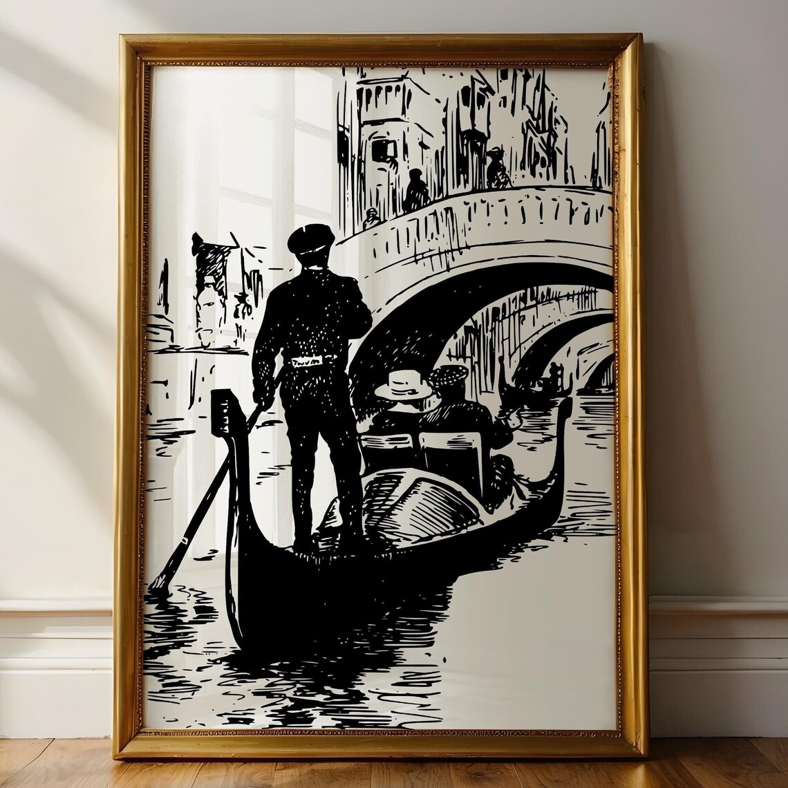 Venetian Gondola Canal Black White Sketch Italy Travel Poster