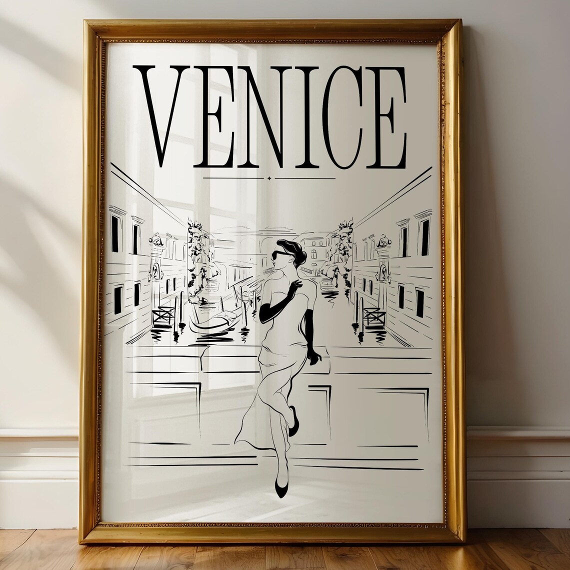 Venice Italy Fashion Sketch Print Elegant Woman Canal Night Wall Art