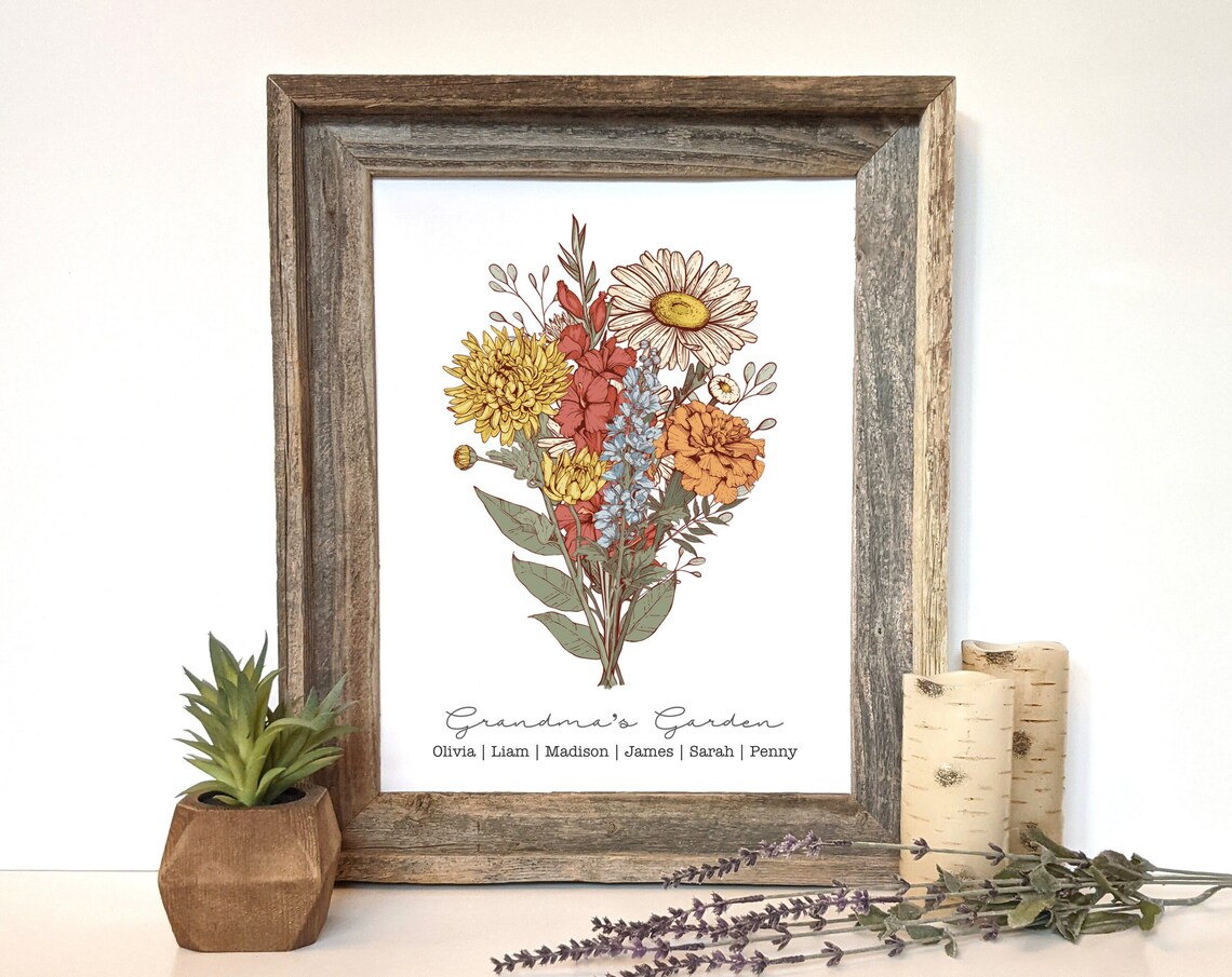 Grandma's Garden Wildflower Bouquet Personalized Names Floral Poster