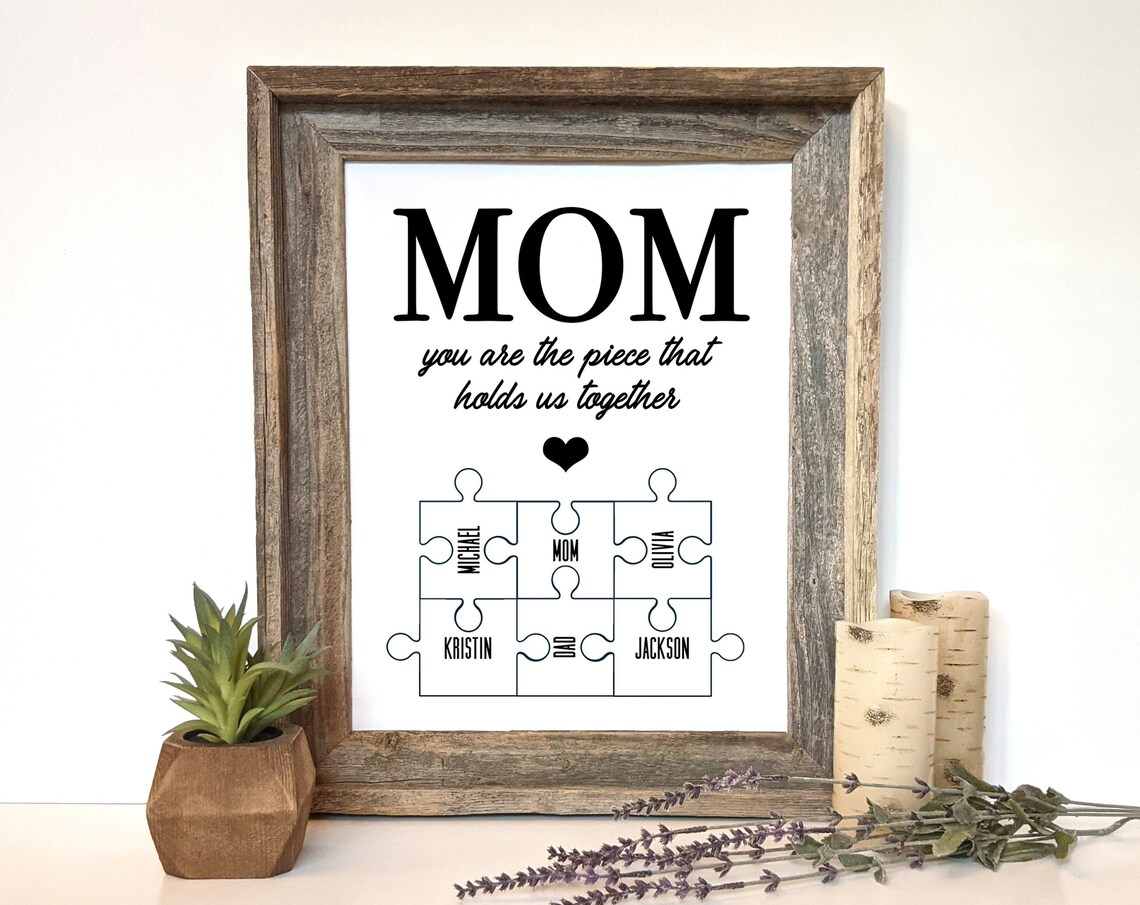 Mom Puzzle Piece Family Names Rustic Holds Us Together Gift Poster