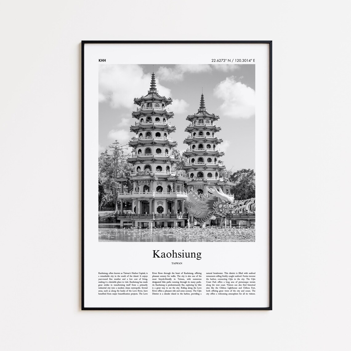 Kaohsiung Taiwan Pagoda Towers Black And White Travel Photo Poster