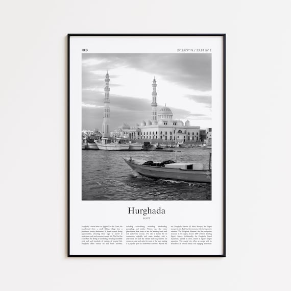 Hurghada Egypt Black And White Marina Mosque Minimal Travel Poster