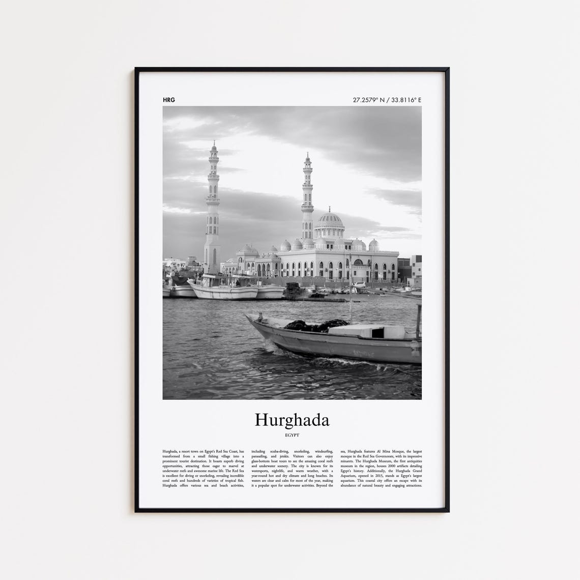 Hurghada Egypt Black And White Marina Mosque Minimal Travel Poster