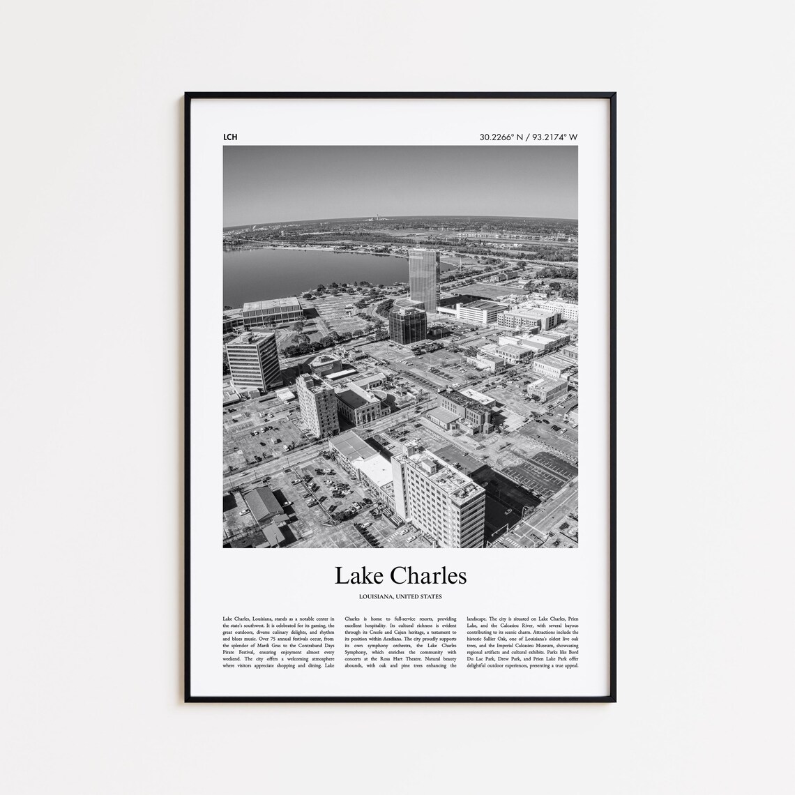 Lake Charles Louisiana Black White Aerial Downtown City Poster