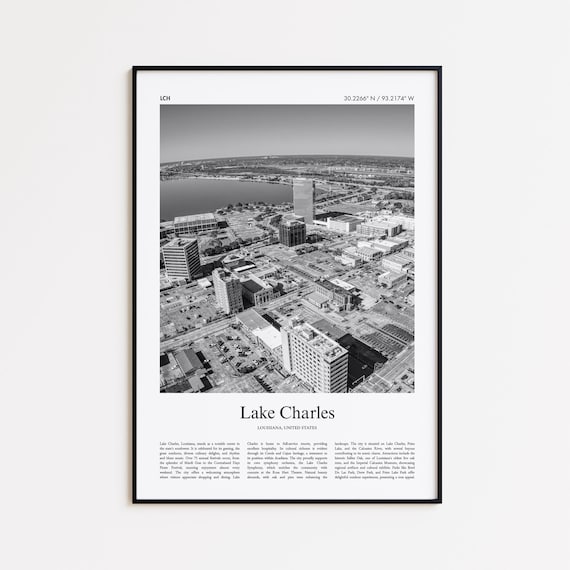 Lake Charles Louisiana Black White Aerial Downtown City Poster
