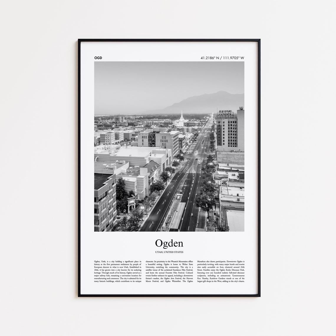 Ogden Utah Black And White Photo Poster With Coordinates and History