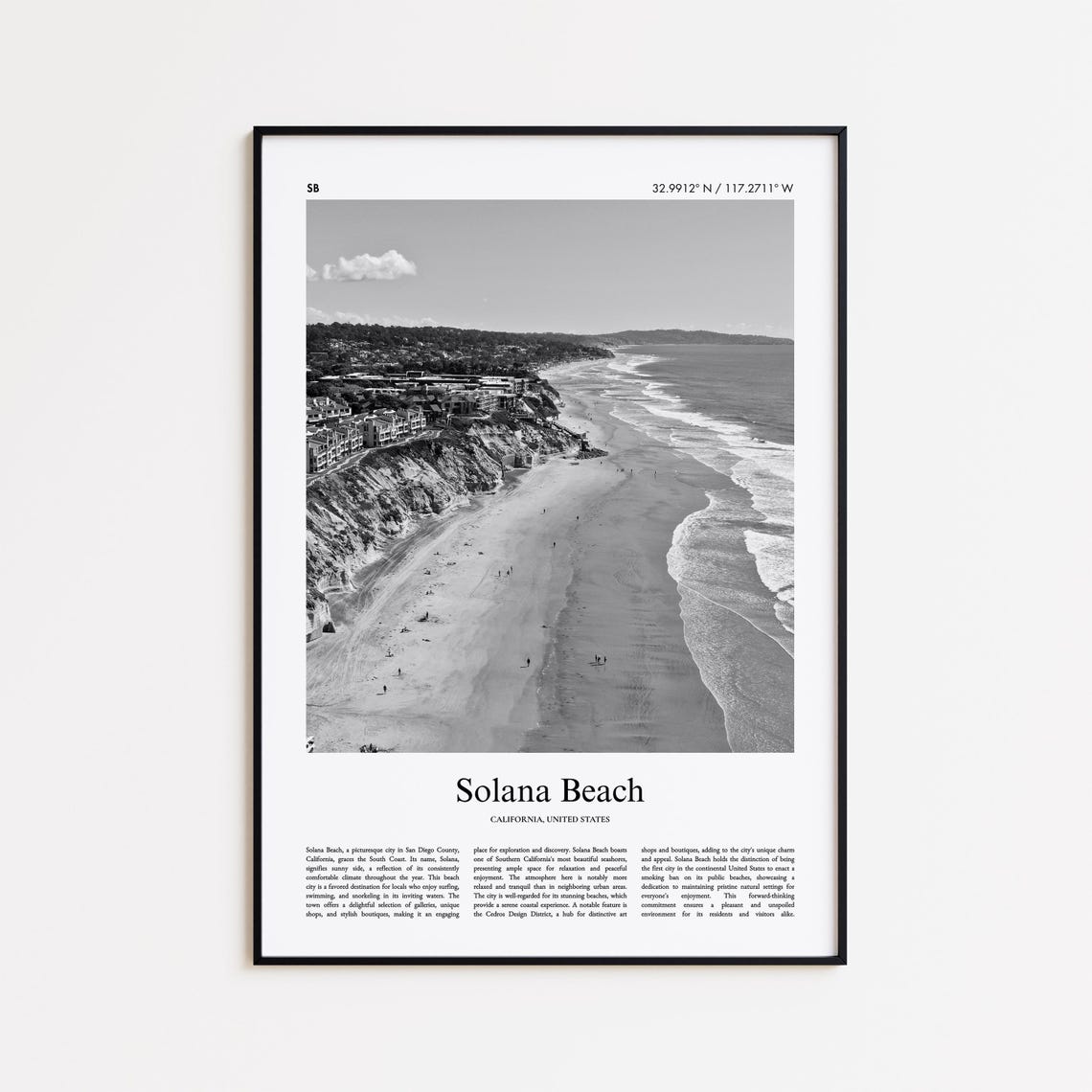 Solana Beach California Black and White Aerial Coastline Poster