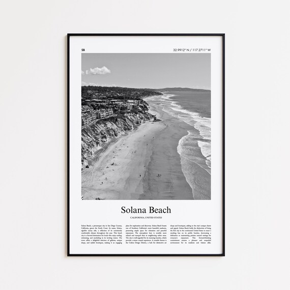 Solana Beach California Black and White Aerial Coastline Poster