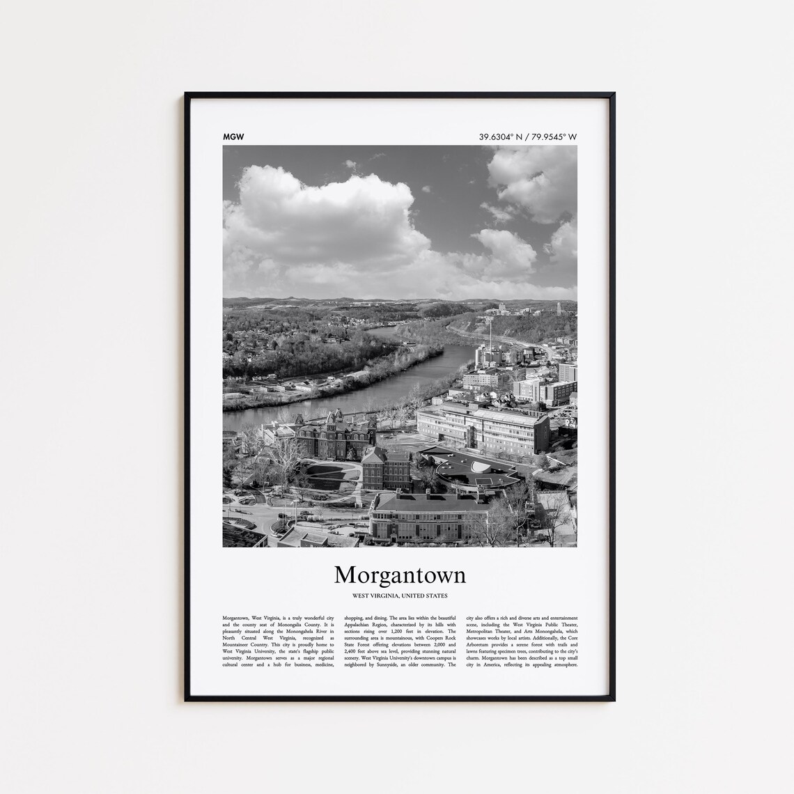 Morgantown West Virginia Black And White Aerial City Photo Poster
