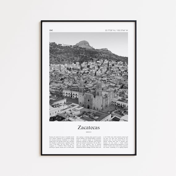 Zacatecas Mexico Black and White Cathedral Cityscape Travel Poster