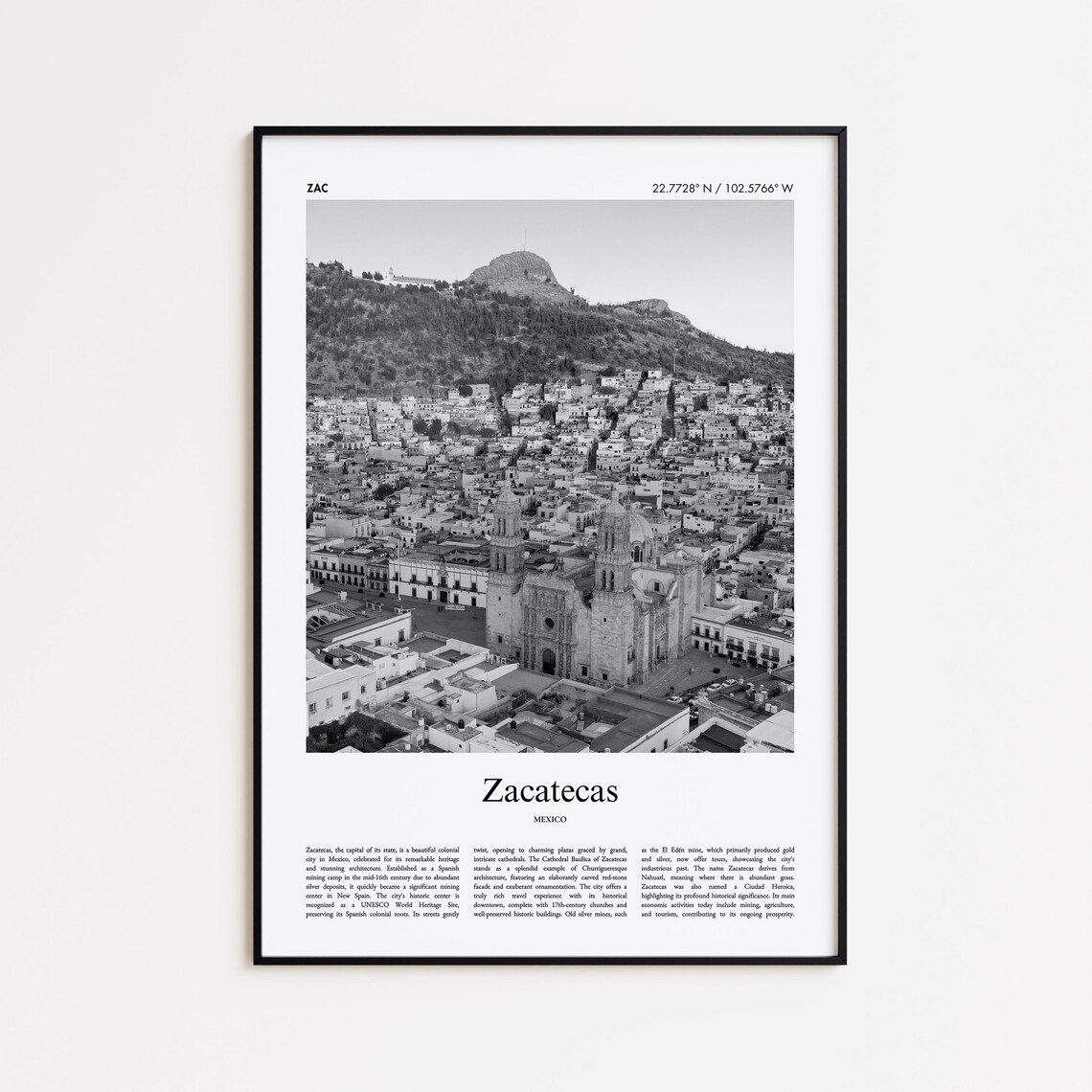 Zacatecas Mexico Black and White Cathedral Cityscape Travel Poster