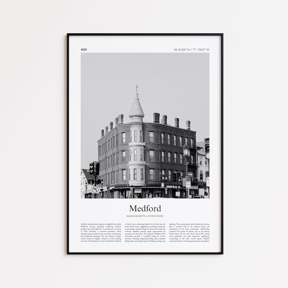 Medford Massachusetts Black and White Historic Building Travel Poster