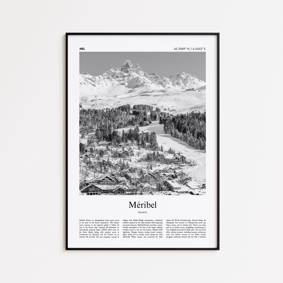 Meribel France Black And White Alpine Ski Resort Photo Poster