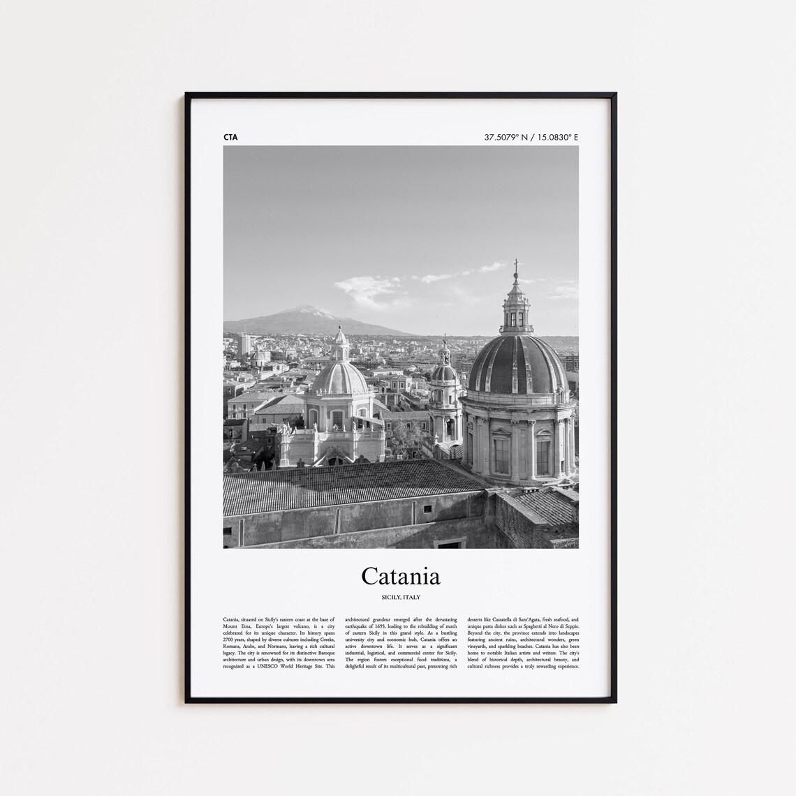 Catania Sicily Italy Black and White Cathedral Domes Photo Poster