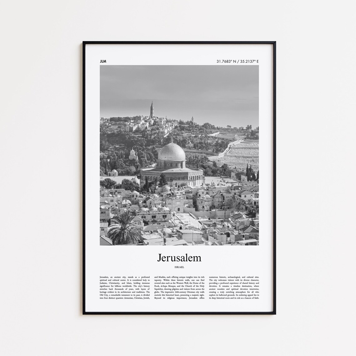Jerusalem Israel Black and White Dome of the Rock Photo Travel Poster