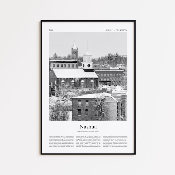 Nashua New Hampshire Snowy Church Black and White Travel Poster