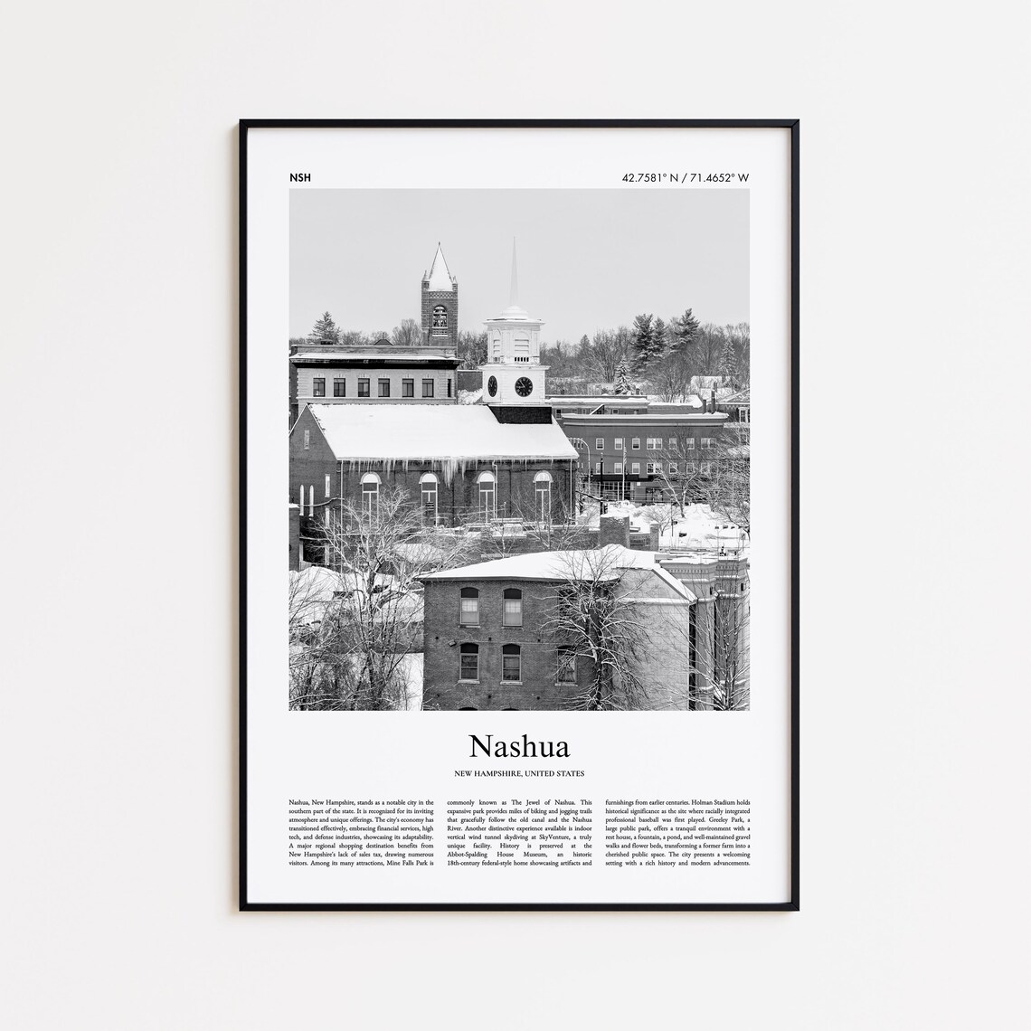 Nashua New Hampshire Snowy Church Black and White Travel Poster