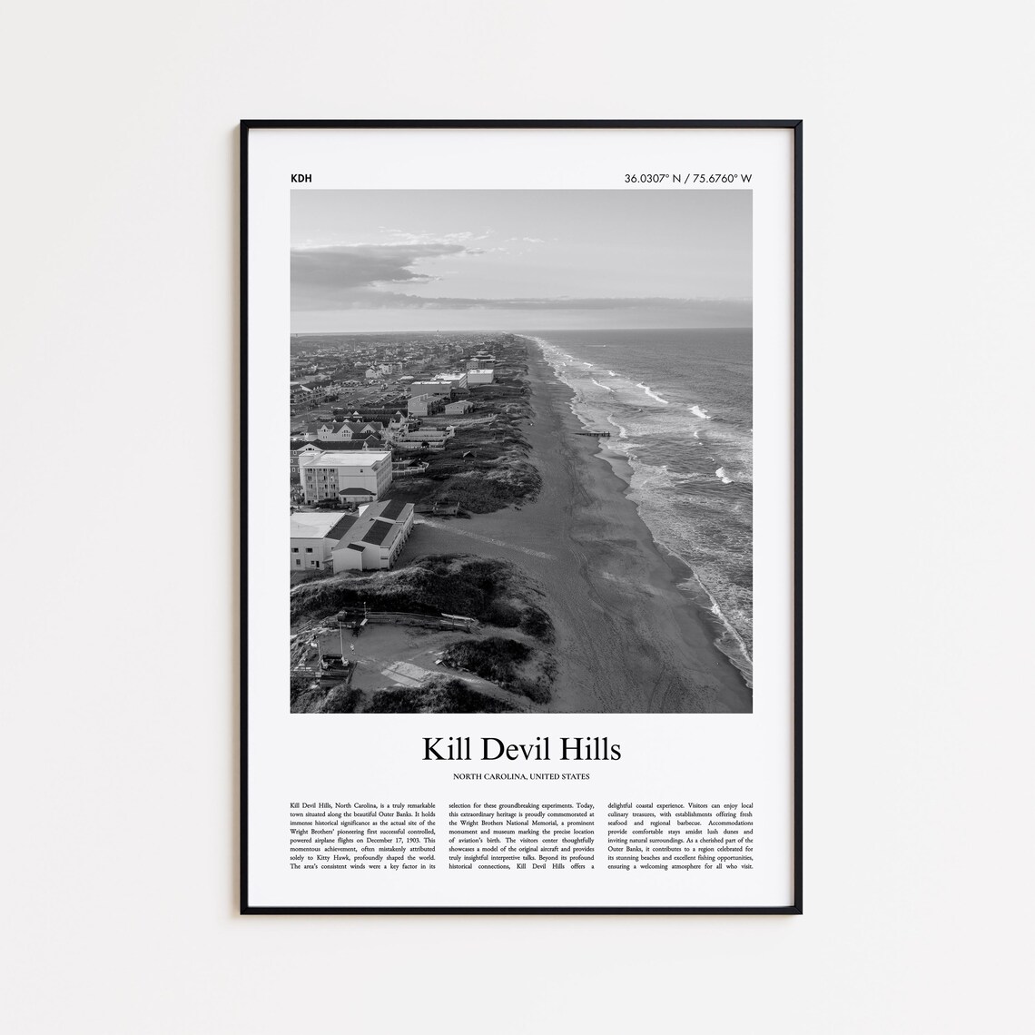 Kill Devil Hills North Carolina Aerial Coastline Black And White Poster
