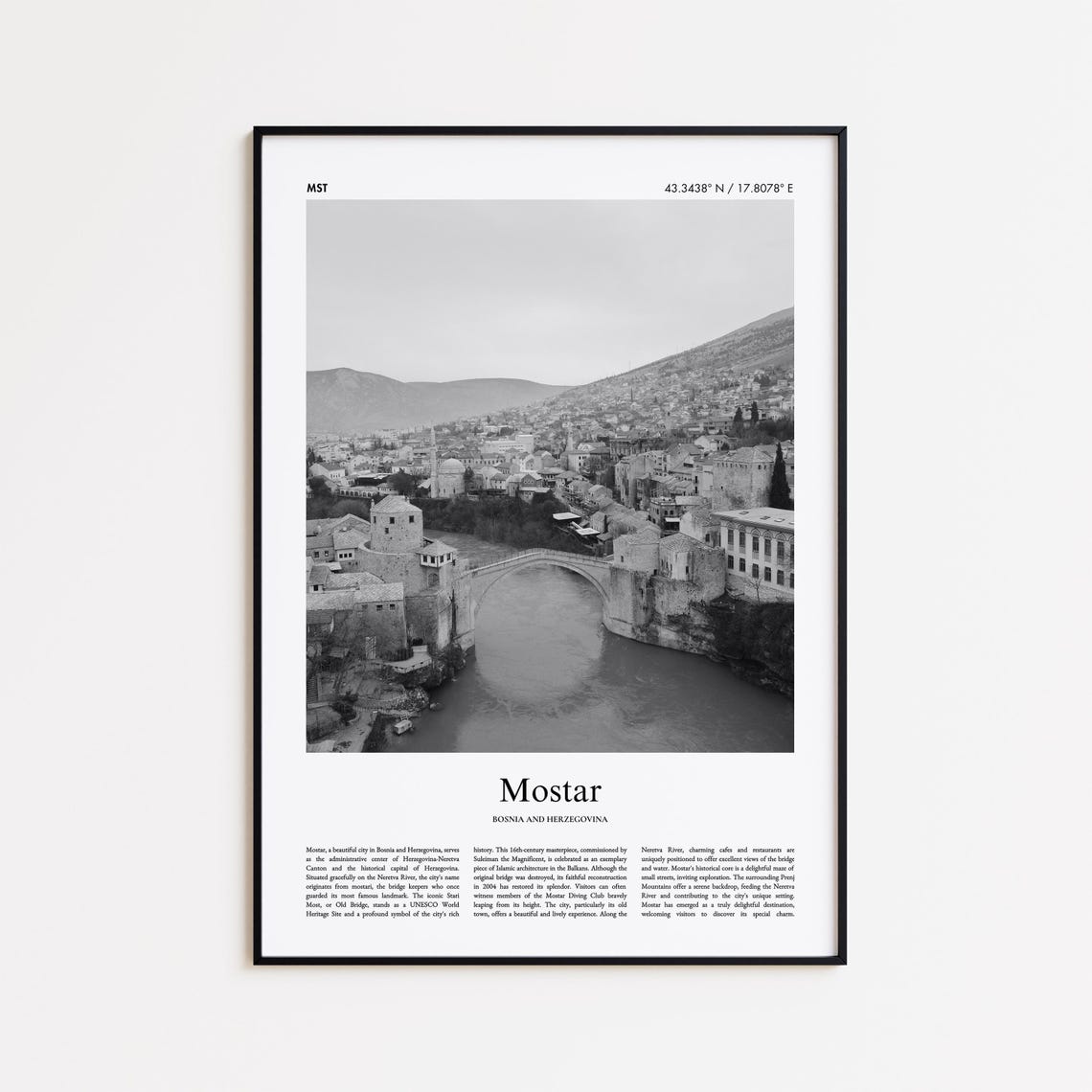 Mostar Bosnia Stari Most Old Bridge Black White Photo Poster