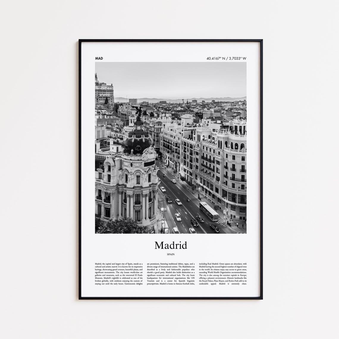 Madrid Spain Black and White Aerial Gran Via City Photo Poster