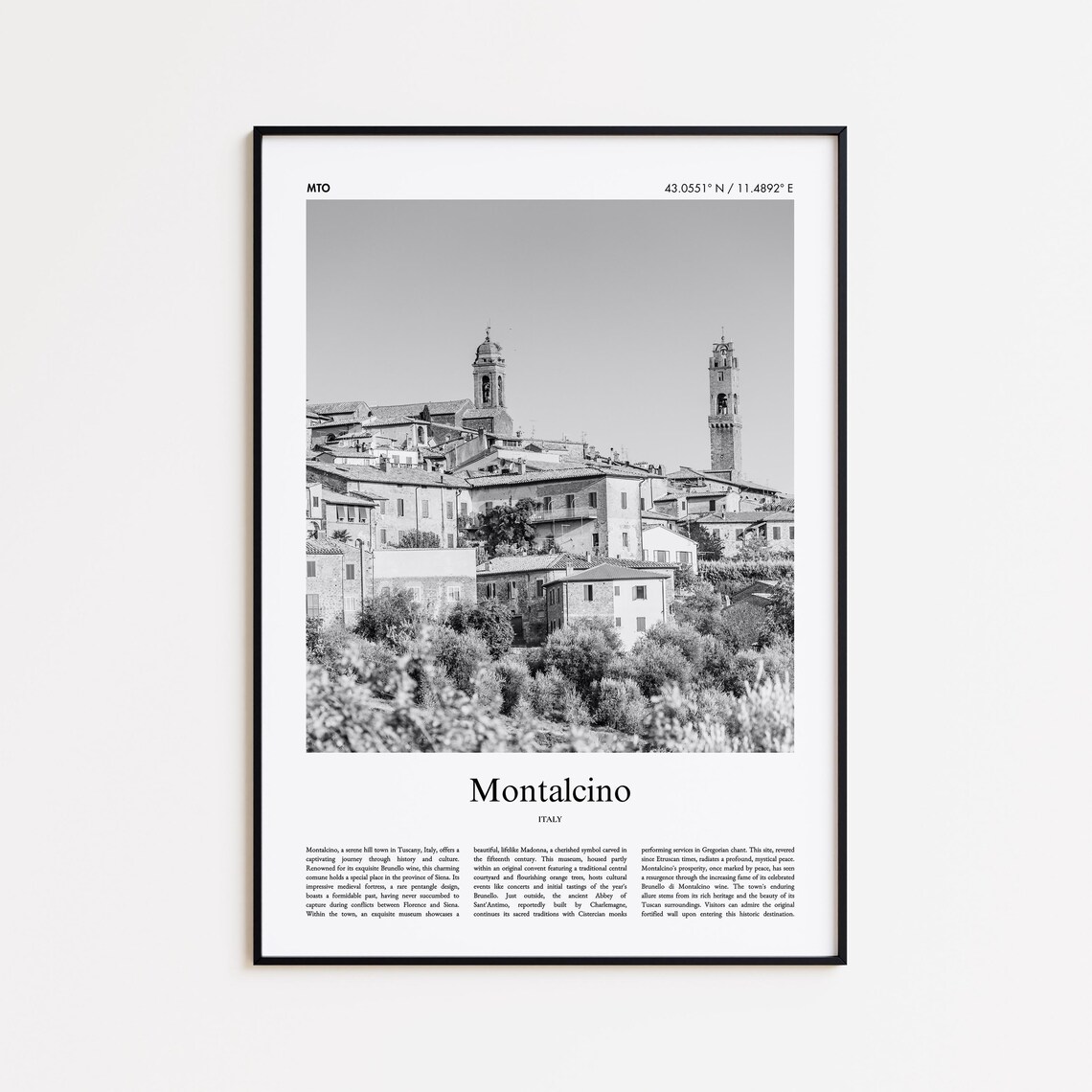 Montalcino Hilltop Town Tuscany Italy Black White Travel Poster