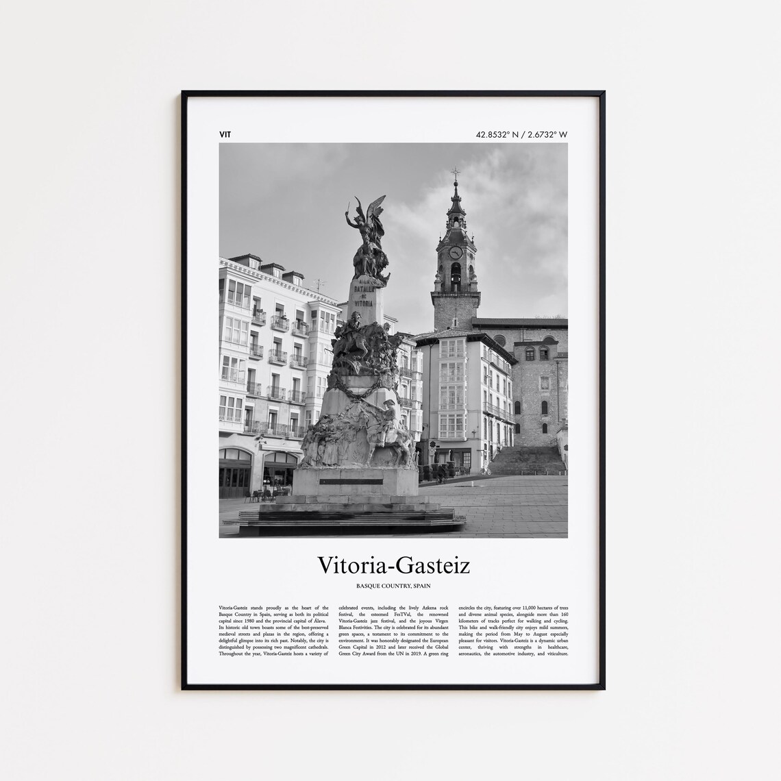 Vitoria-Gasteiz Spain Black and White Photo Travel Poster with Statue