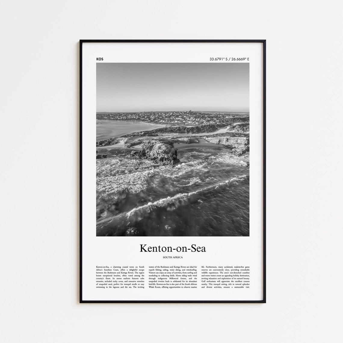Kenton on Sea South Africa Rocky Coast Aerial Black and White Travel Poster