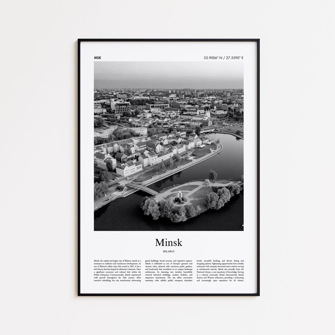 Minsk Belarus Black and White Aerial City Photography Travel Poster