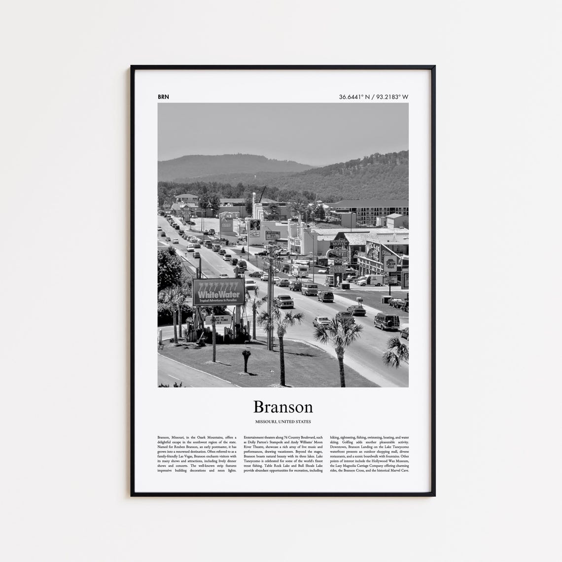 Branson Missouri Black and White WhiteWater Boulevard Photo Poster