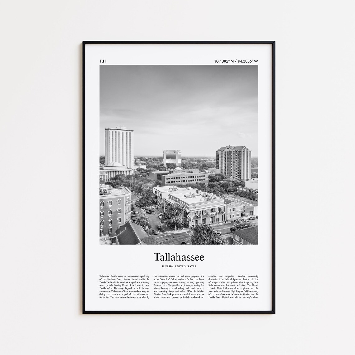 Tallahassee Florida Black And White Downtown City Photo Print