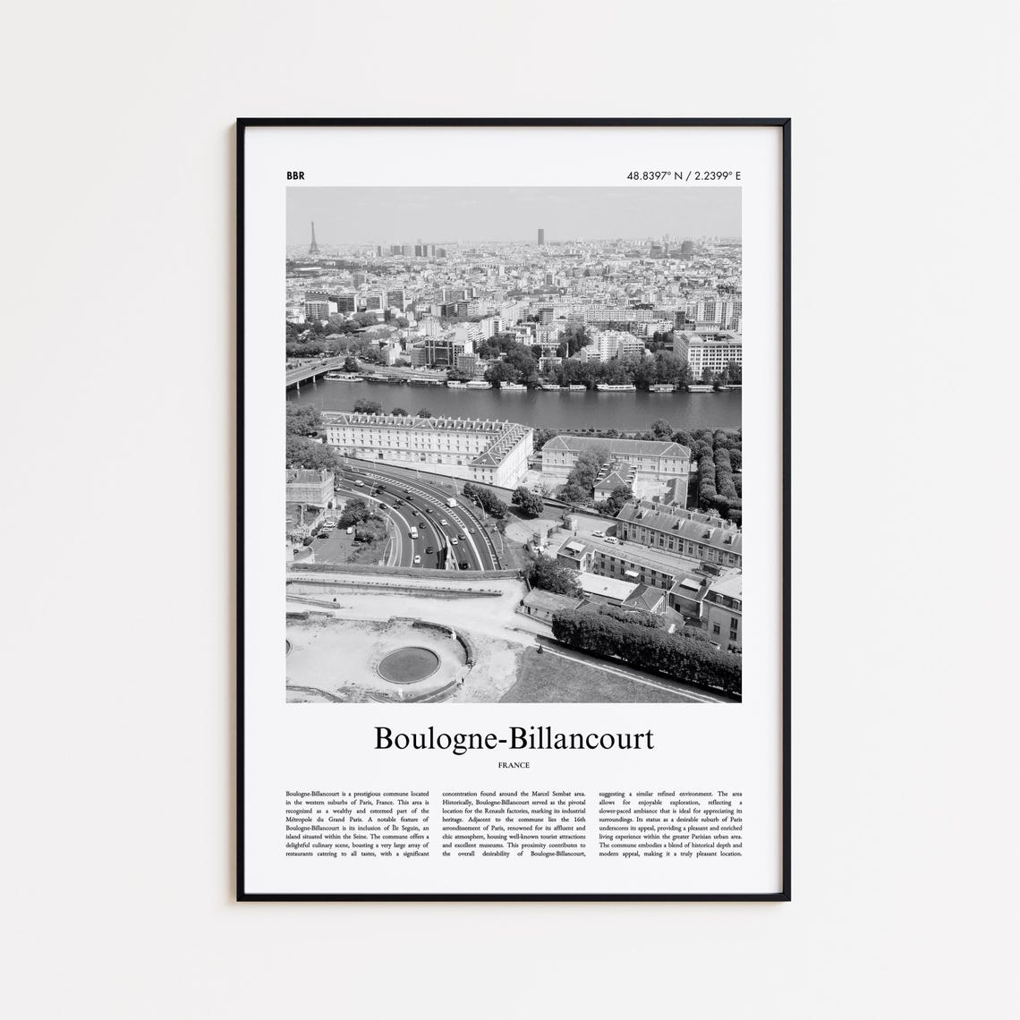 Boulogne-Billancourt Paris Aerial View Black and White Photo Poster