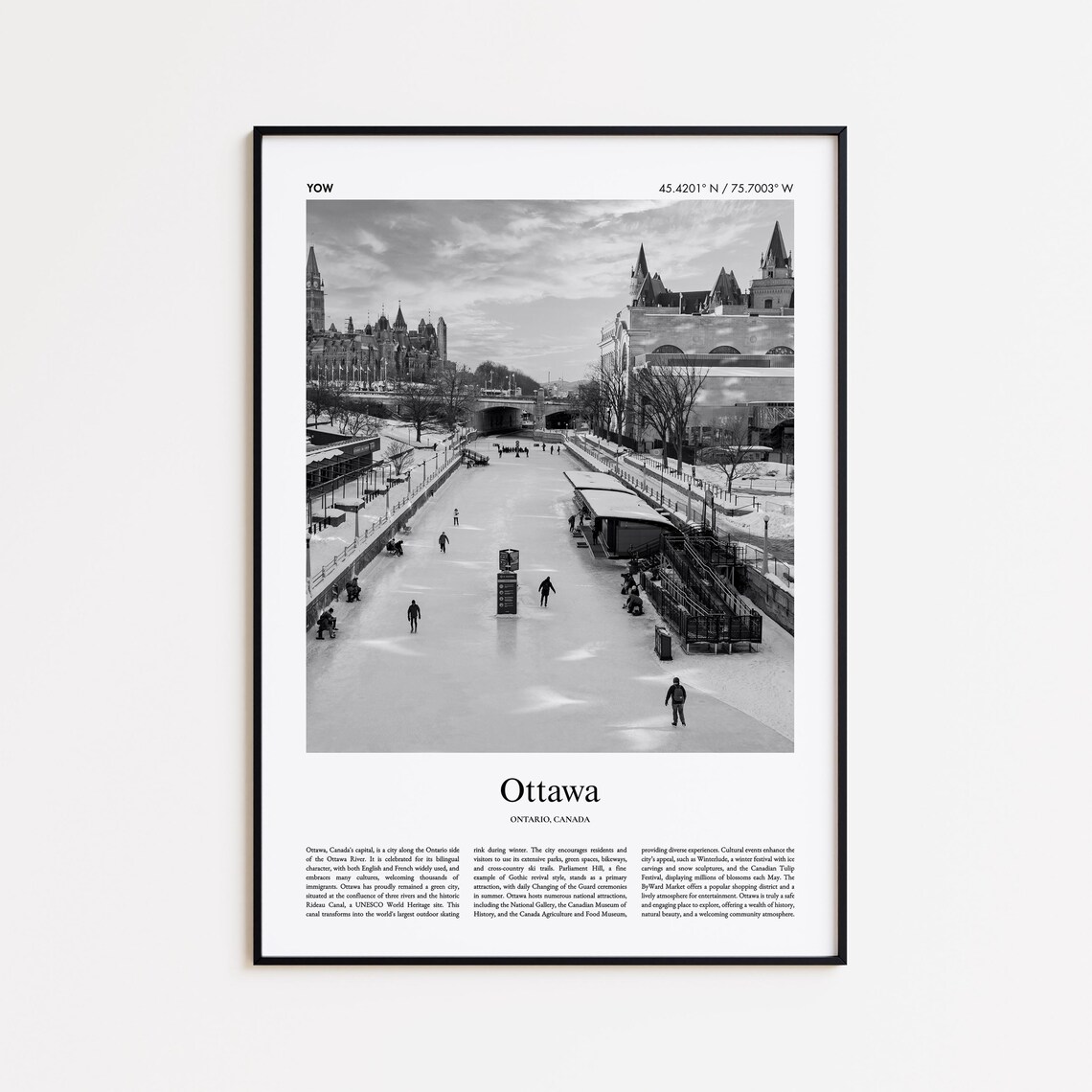 Ottawa Rideau Canal Winter Skateway Black and White Photo Poster
