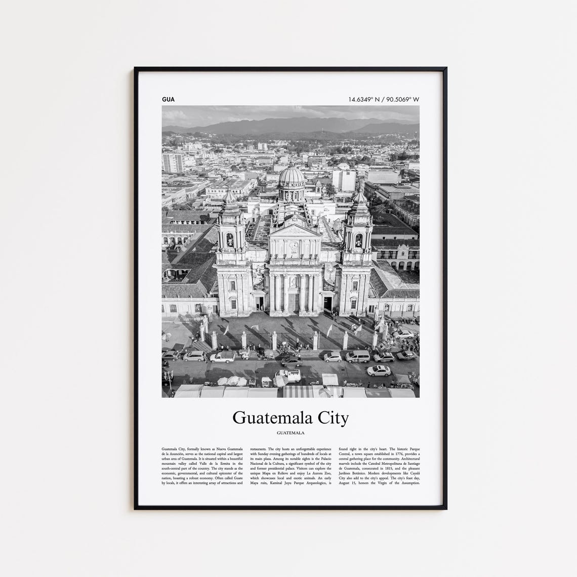 Guatemala City Cathedral Aerial Black and White Photo Poster