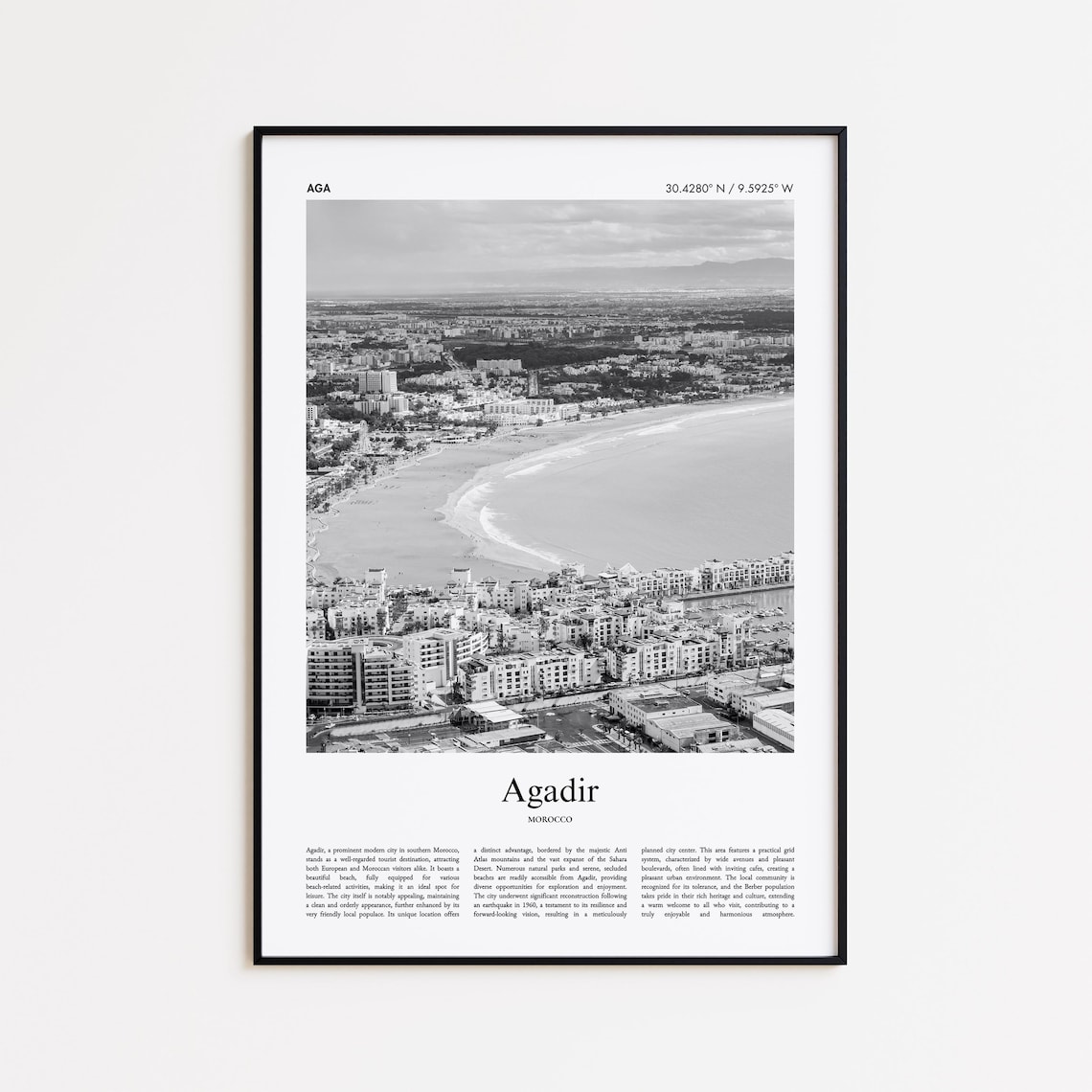Agadir Morocco Aerial Beach Coast Black and White Travel Photography Poster