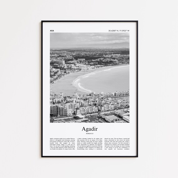 Agadir Morocco Aerial Beach Coast Black and White Travel Photography Poster