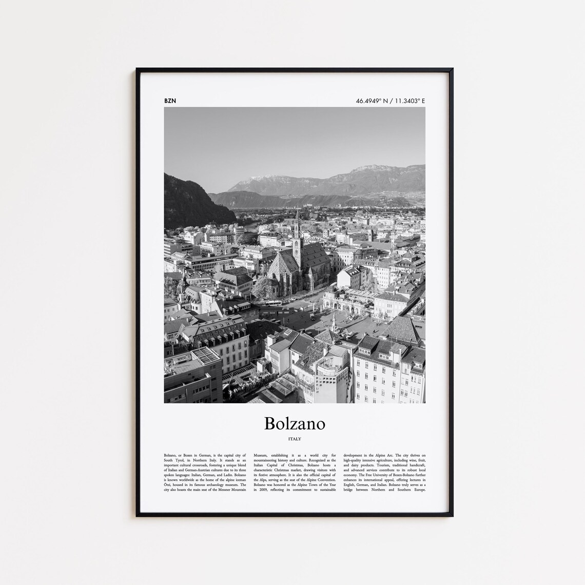 Bolzano Italy Alpine Cityscape Black White Photo Travel Poster