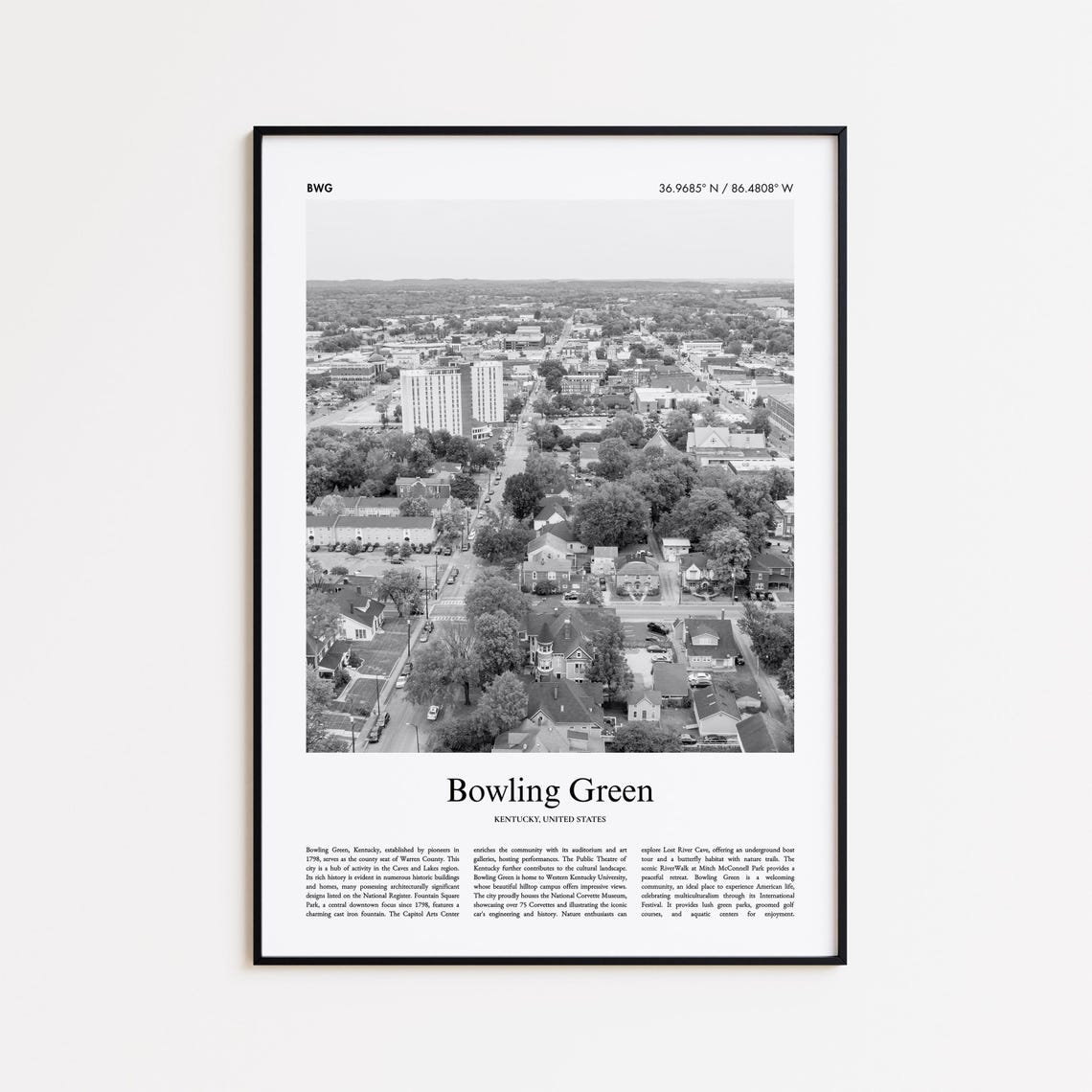 Bowling Green Kentucky Black and White Downtown Aerial Photo Poster