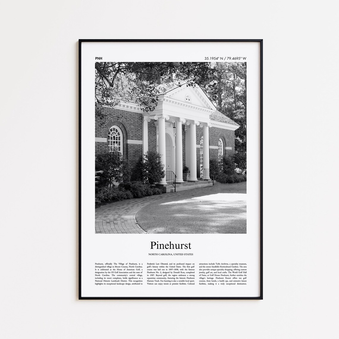 Pinehurst North Carolina Black and White Photo Travel Poster Art
