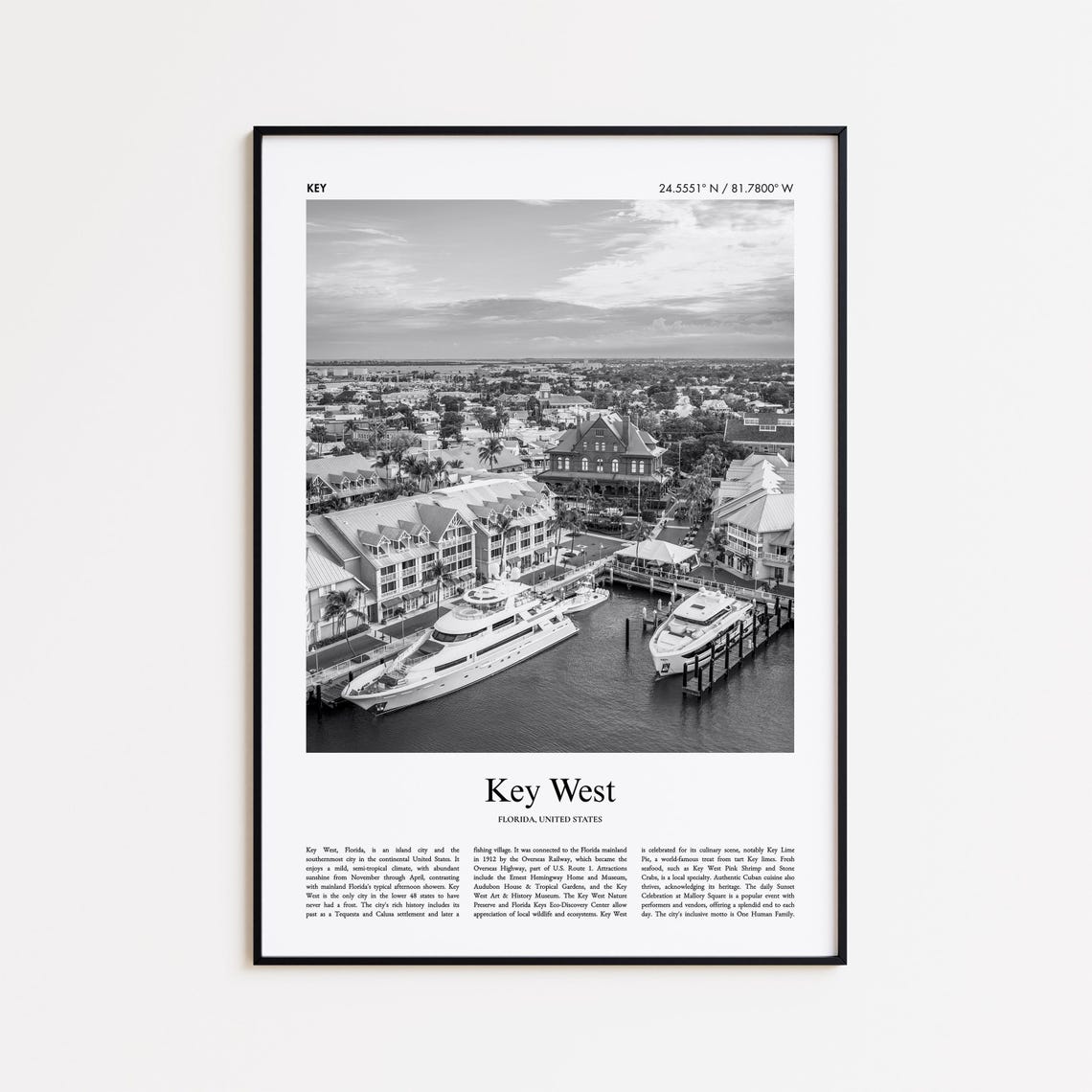 Key West Florida Black And White Photo Poster With Harbor Yachts