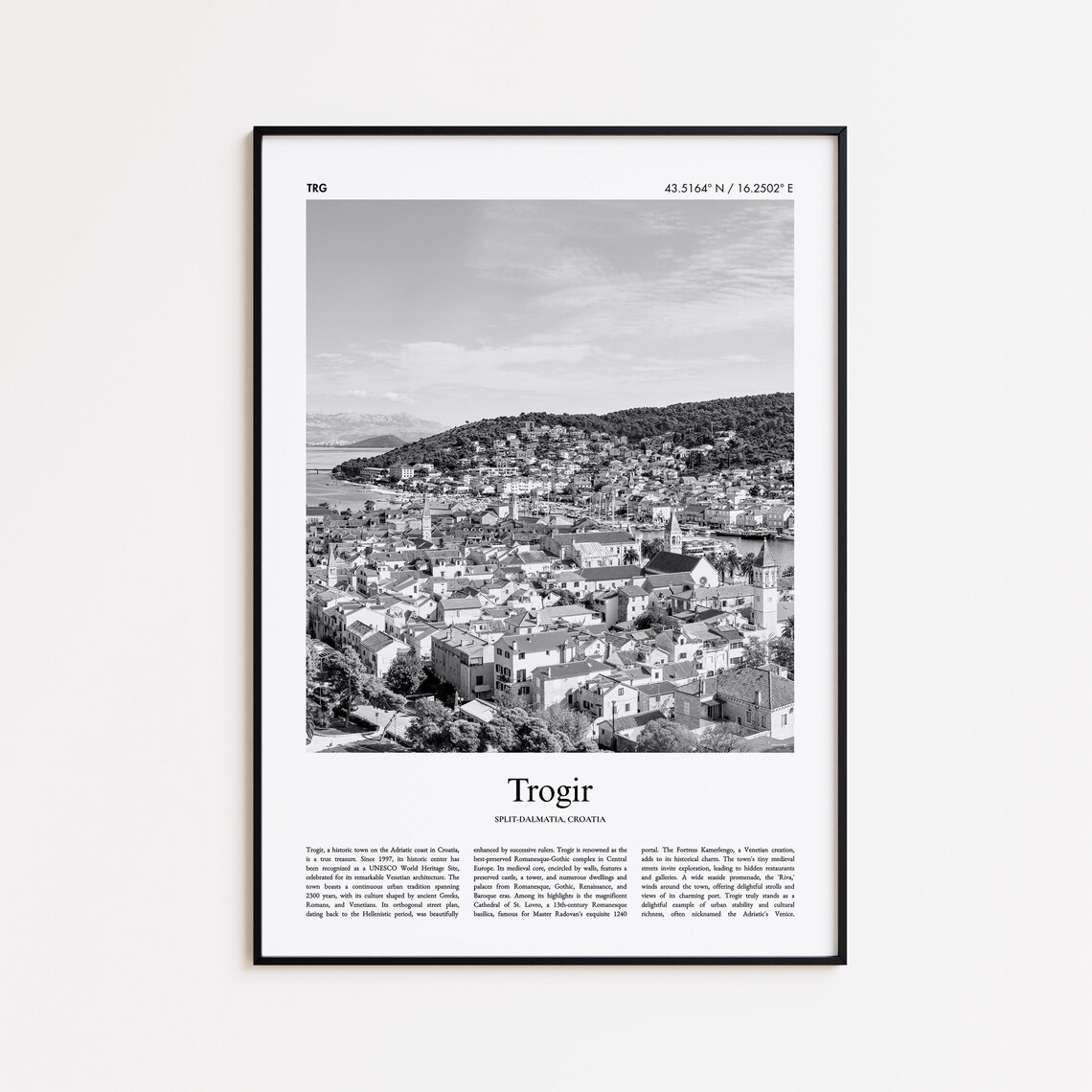 Trogir Croatia Black and White Adriatic Old Town Island Poster