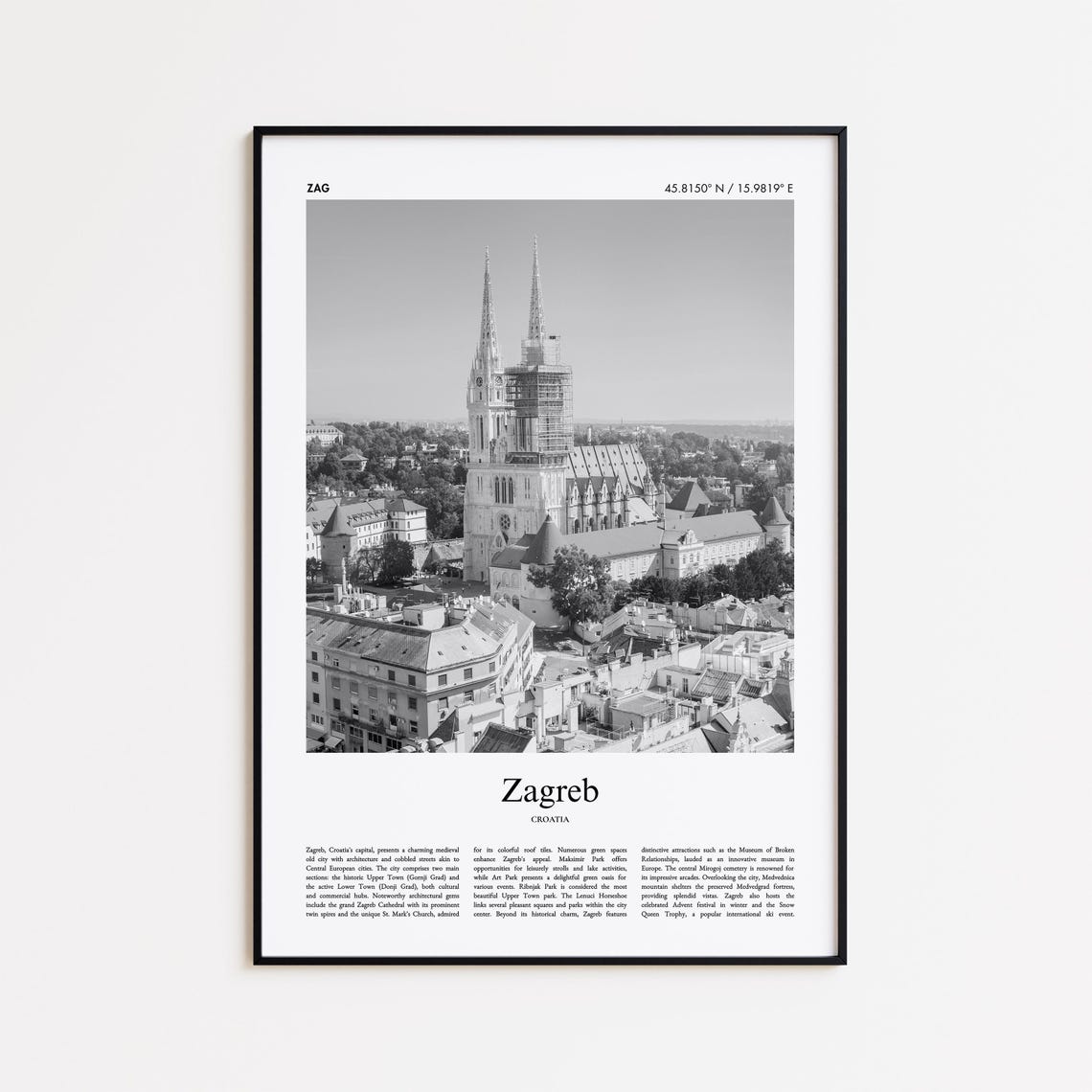 Zagreb Croatia Cathedral Twin Spires Black and White Photo Poster