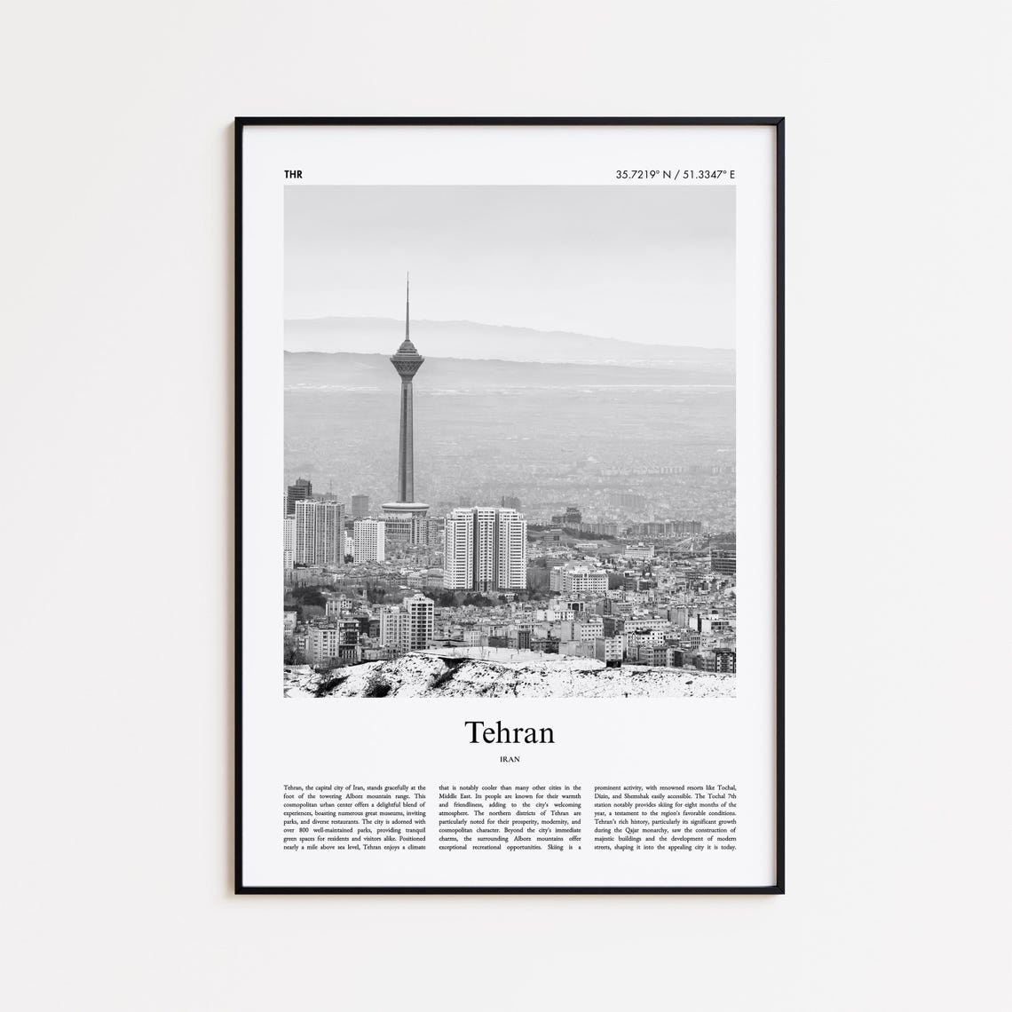 Tehran Iran Black And White Milad Tower Skyline Photo Poster