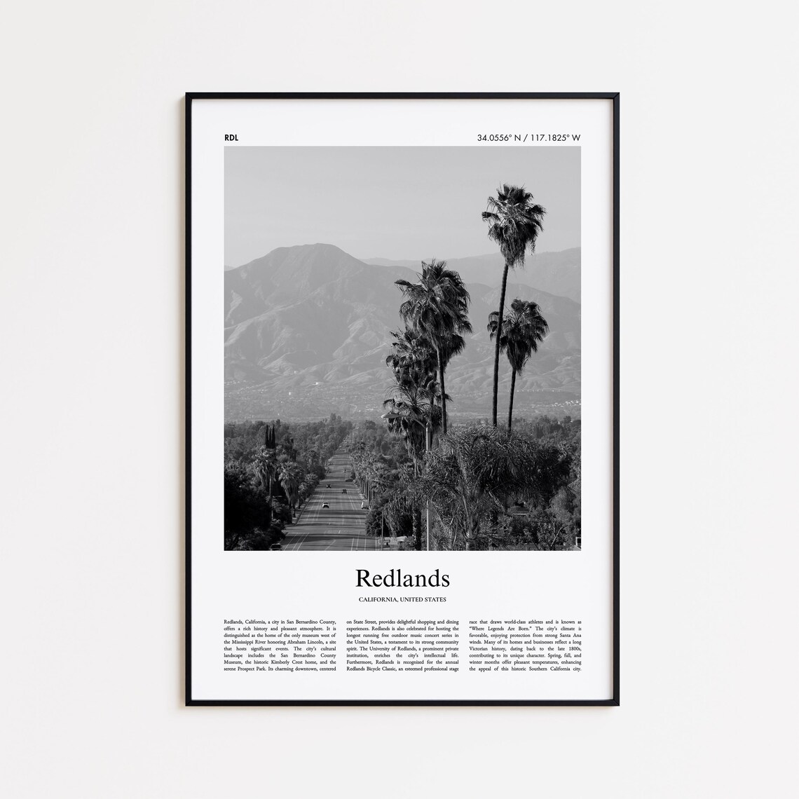 Redlands California Black and White Palm Avenue Street Photo Poster