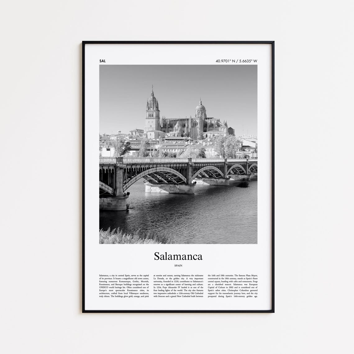 Salamanca Spain Cathedral Bridge Black White Photo Travel Poster