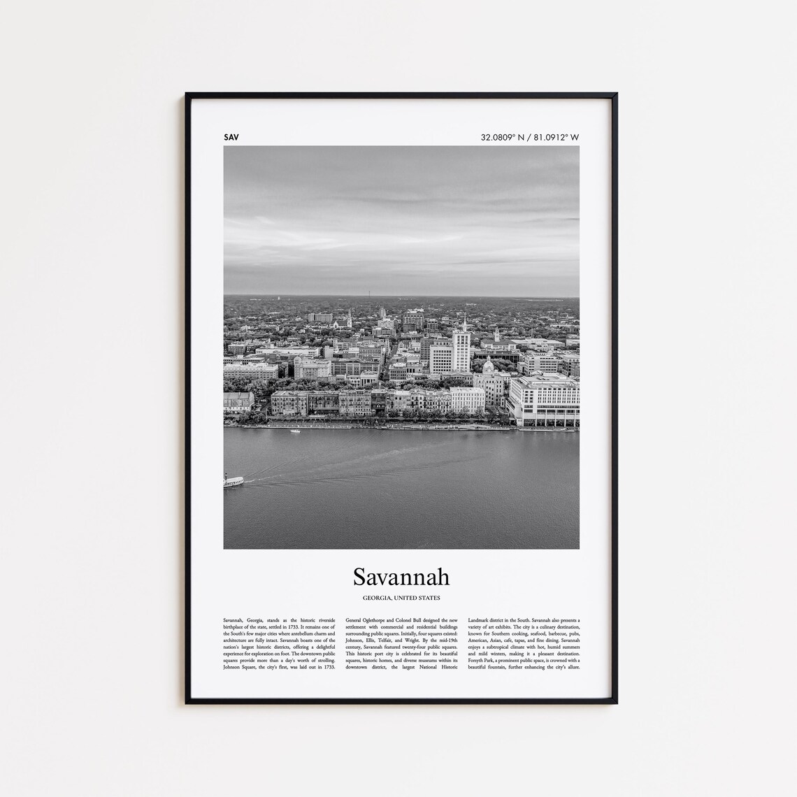 Savannah Georgia Black and White Waterfront City Photo Poster